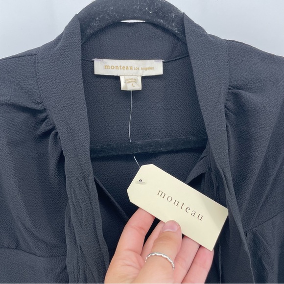 Monteau Blouse Black Tie Ruffles Flowy L New - Picture 3 of 5